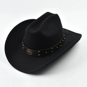 Cowboyhatt i mjuk filt med läderband och nitar Svart / Kan justeras