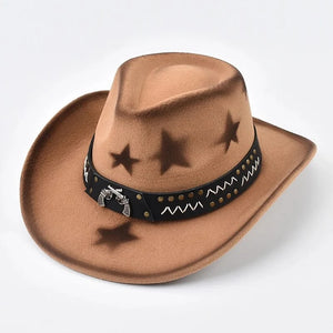 Cowboyhatt med stjärnmönster och dekorerat bälte Kamel / Kan justeras