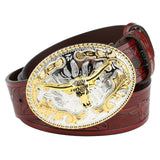 Cowboyläderbälte gyllene tjurspänne Rödbrun / 95cm