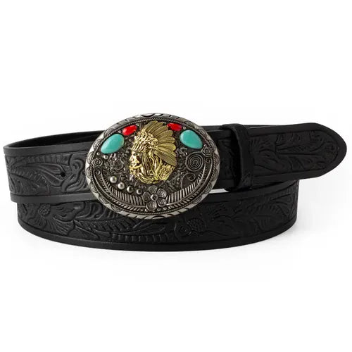 Cowboyläderbälte Indianhuvudspänne Svart / 85cm