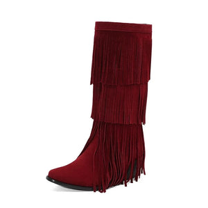 Höga Cowboyboots med Fransar för Dam Vinröd / 36