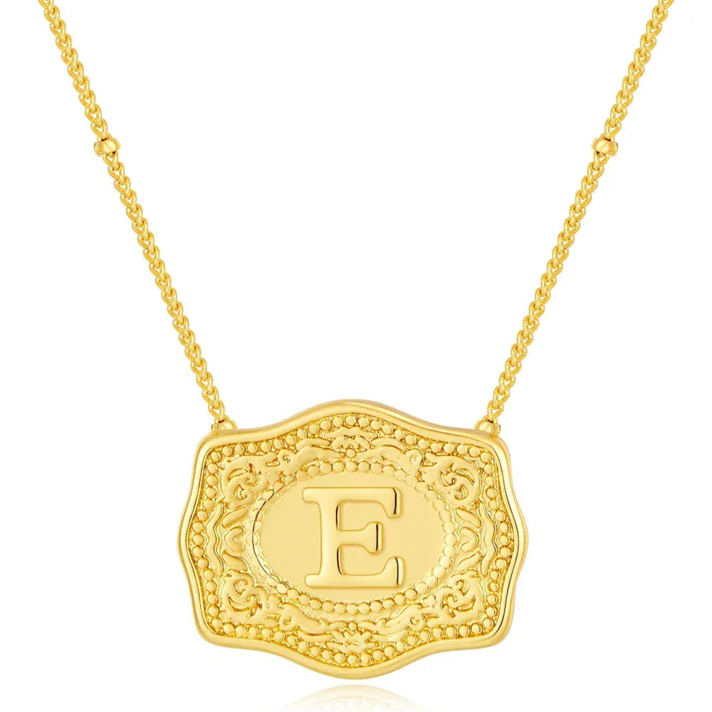 Embossed Belt Buckle Pendant Necklace for Men Punk Jewelry Gold Color A-Z Initial Letter Necklaces Women Western Jewelry Gift E / Silver / CHINA