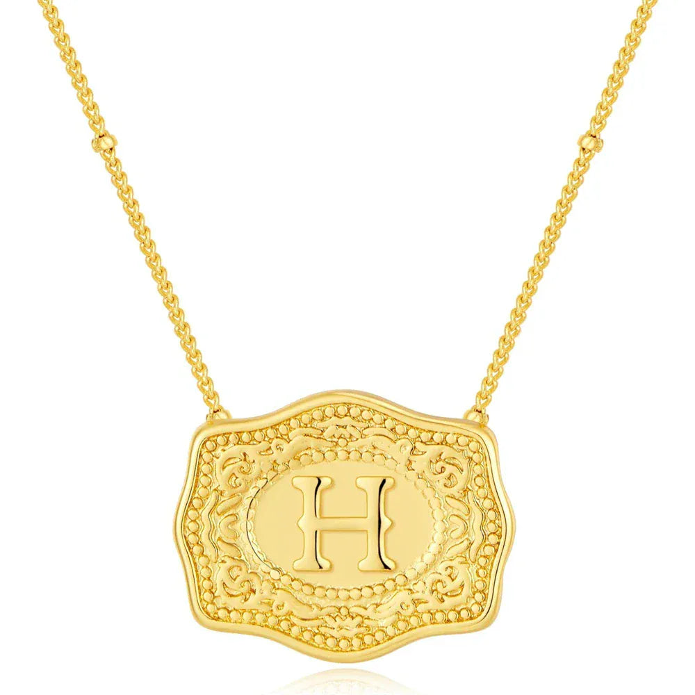 Embossed Belt Buckle Pendant Necklace for Men Punk Jewelry Gold Color A-Z Initial Letter Necklaces Women Western Jewelry Gift H / Silver / CHINA