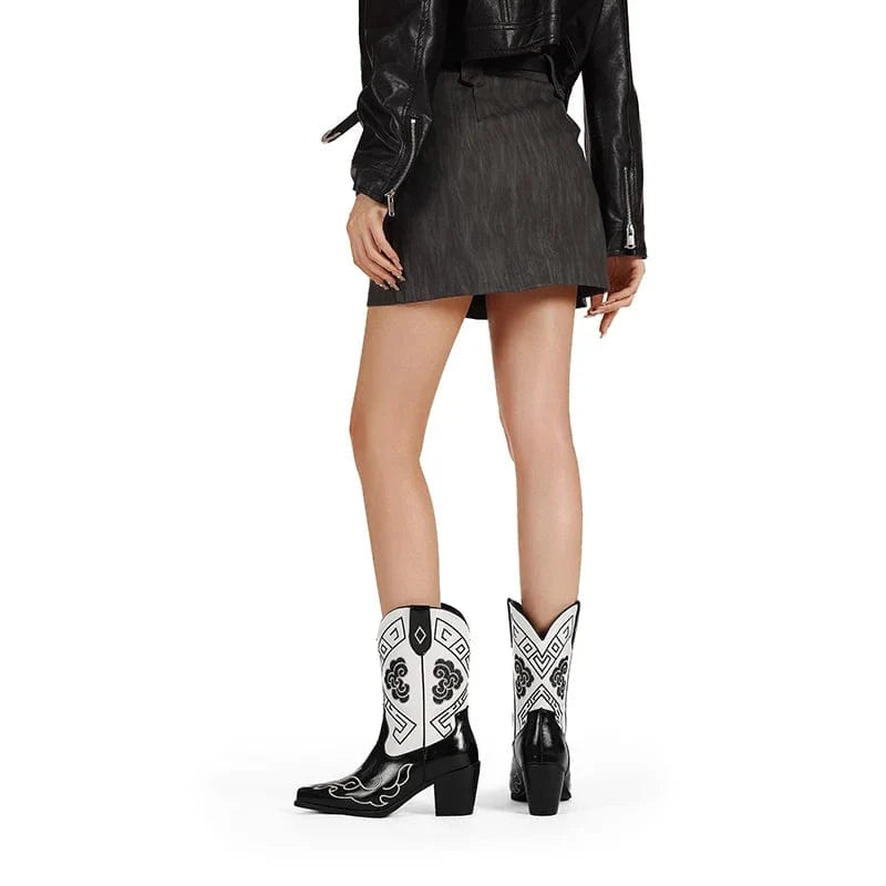 Svartvita Låga Cowboyboots med Grafiskt Broderi för Dam