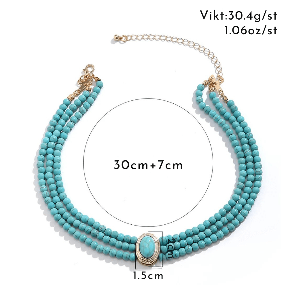 Flerradigt choker-halsband med turkosa pärlor