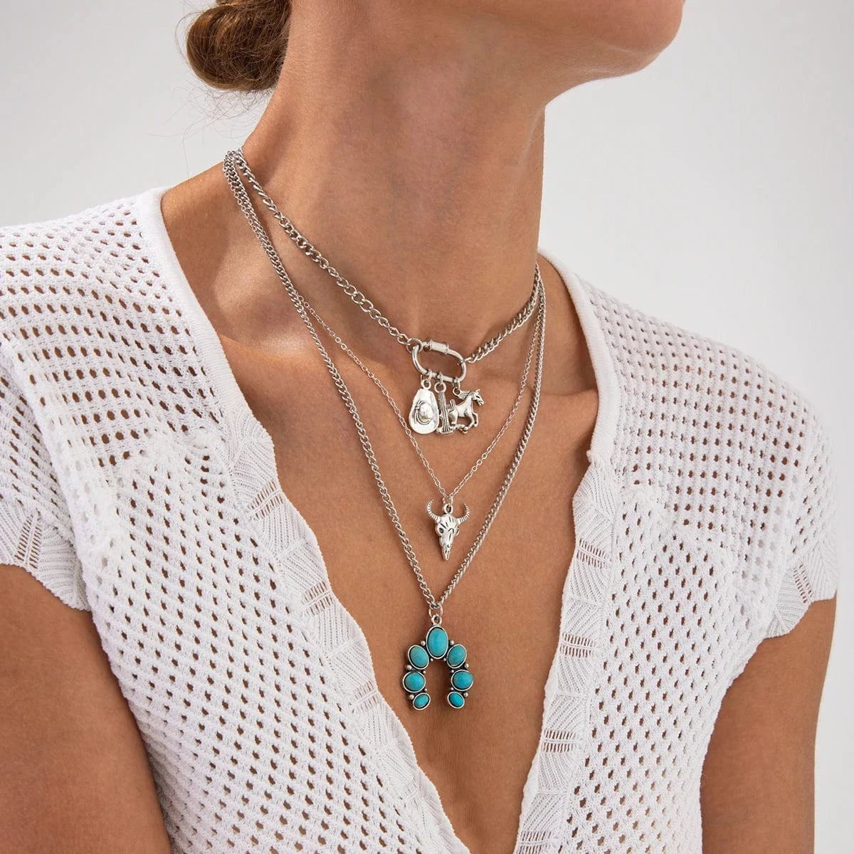 Flerradigt halsbandsset i western stil med turkos och cowboy-berlocker Silver med 3st