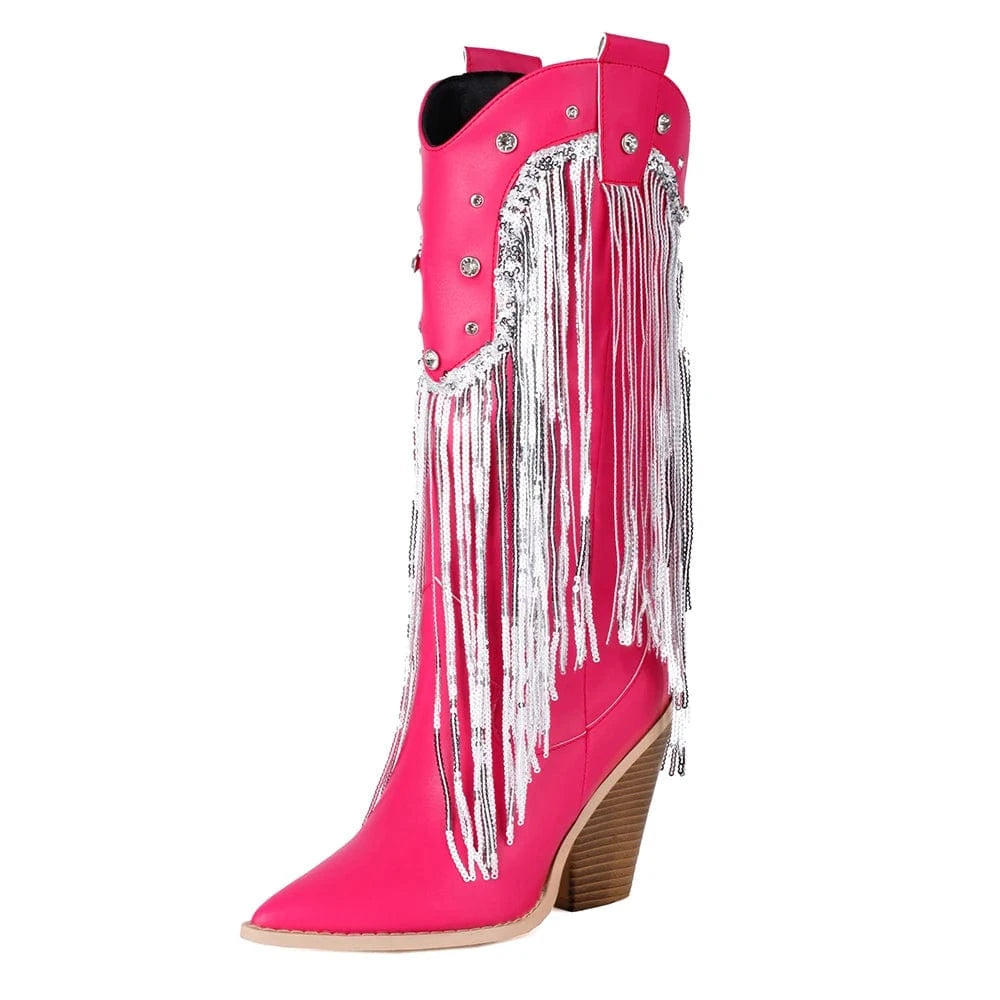 Fransiga Cowboyboots i Glansig Läderlook med Kilklack Rosa / 35