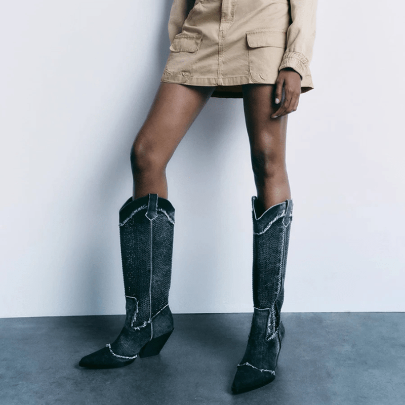 Höga Cowboyboots i Denim med Strass