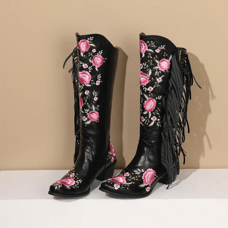 Höga Cowboyboots med Blomsterbroderi och Fransar