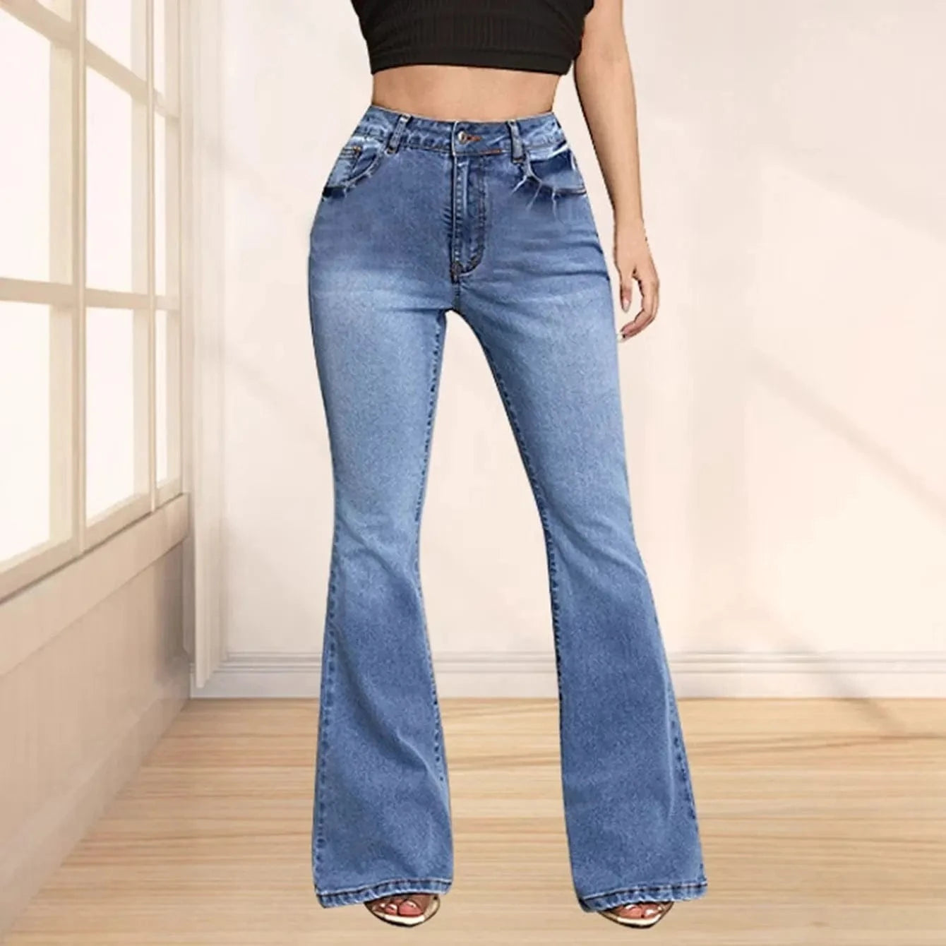 Högmidjade blå flare jeans med rosett-broderi för dam Denimblå / S