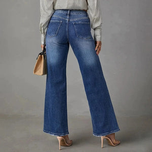 Högmidjade mörkblå vida jeans för dam