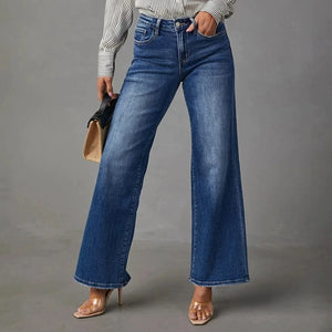 Högmidjade mörkblå vida jeans för dam Mörkblå / S
