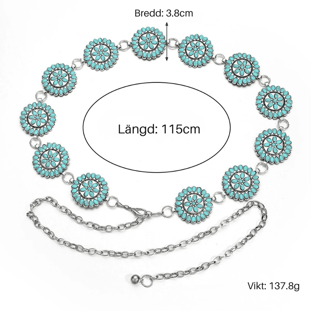 Kedjebälte runda turkosconchos Silver och turkosblå / 125cm