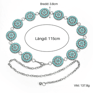 Kedjebälte runda turkosconchos Silver och turkosblå / 125cm