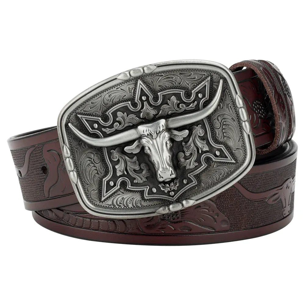 Läderbälte western longhornspänne Silver Mörkbrun / 95cm