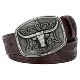 Läderbälte western longhornspänne Silver Mörkbrun / 95cm
