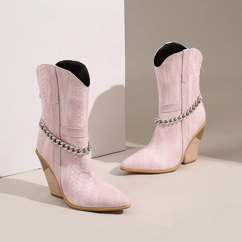 Låga Cowboyboots med Kedja och Hög Klack