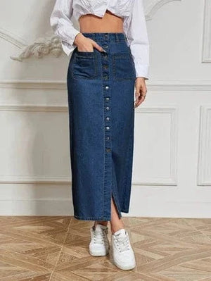 Lång jeanskjol med knappar Marinblå / S