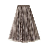 Lång rutig kjol i tyll med resår i midjan Khaki / One Size