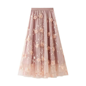 Lång tyllkjol med 3D-blombroderi Rosa / One Size