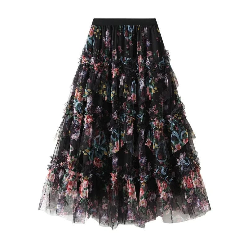 Lång tyllkjol med blommönster och volanger Svart / One Size