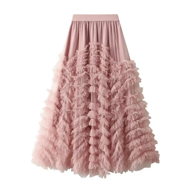 Lång tyllkjol med kaskadvolanger Rosa / One Size