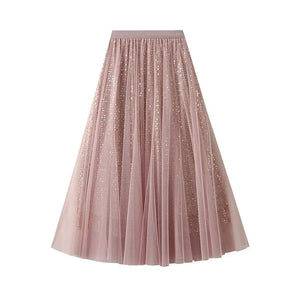 Lång tyllkjol med paljetter Rosa / One Size
