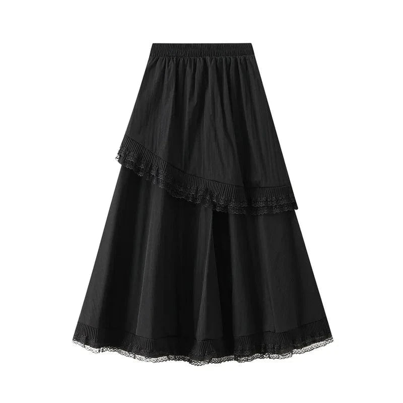 Långkjol med spetsvolang Svart / One Size
