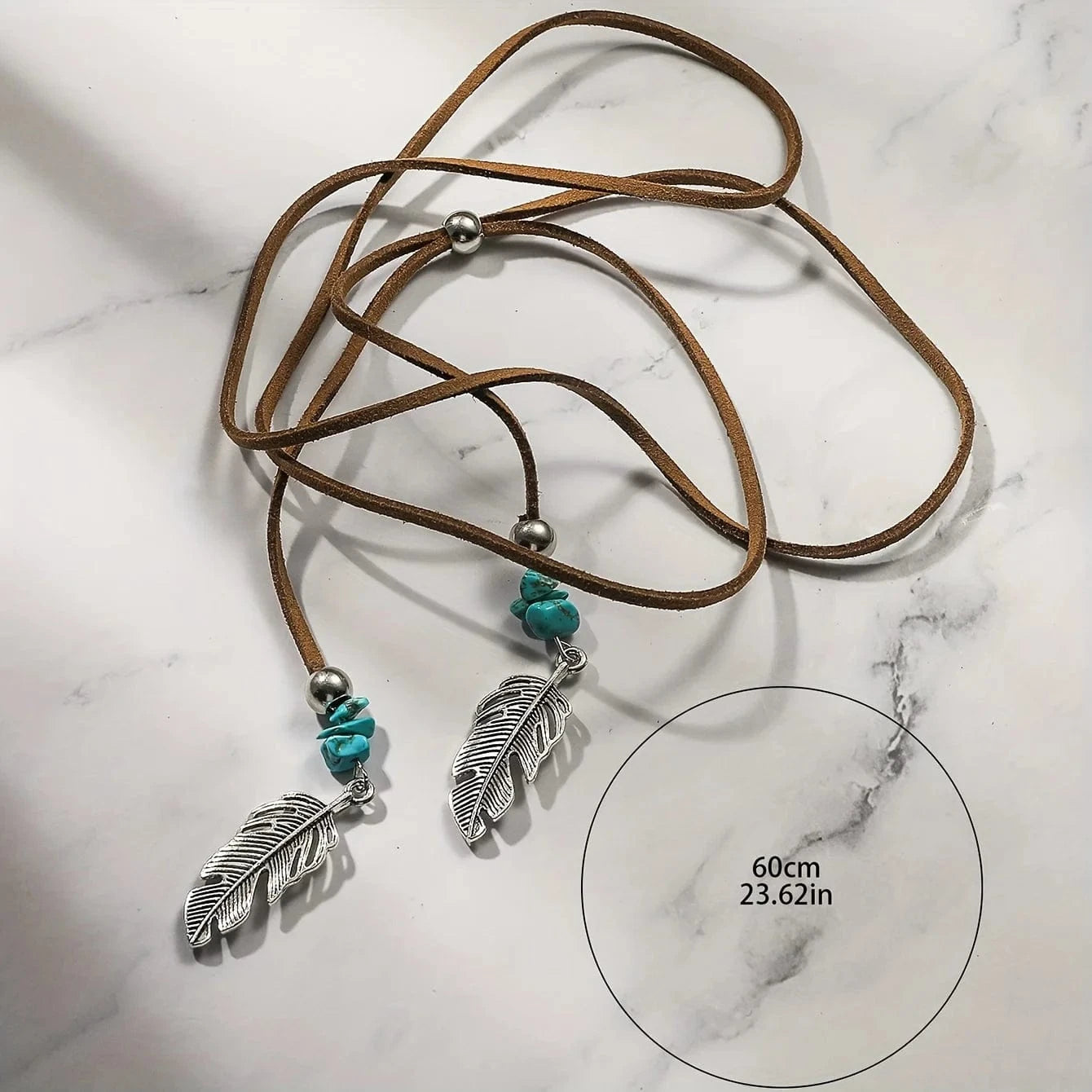 Lariat-halsband i mocka med fjädrar och turkos Brun med turkos