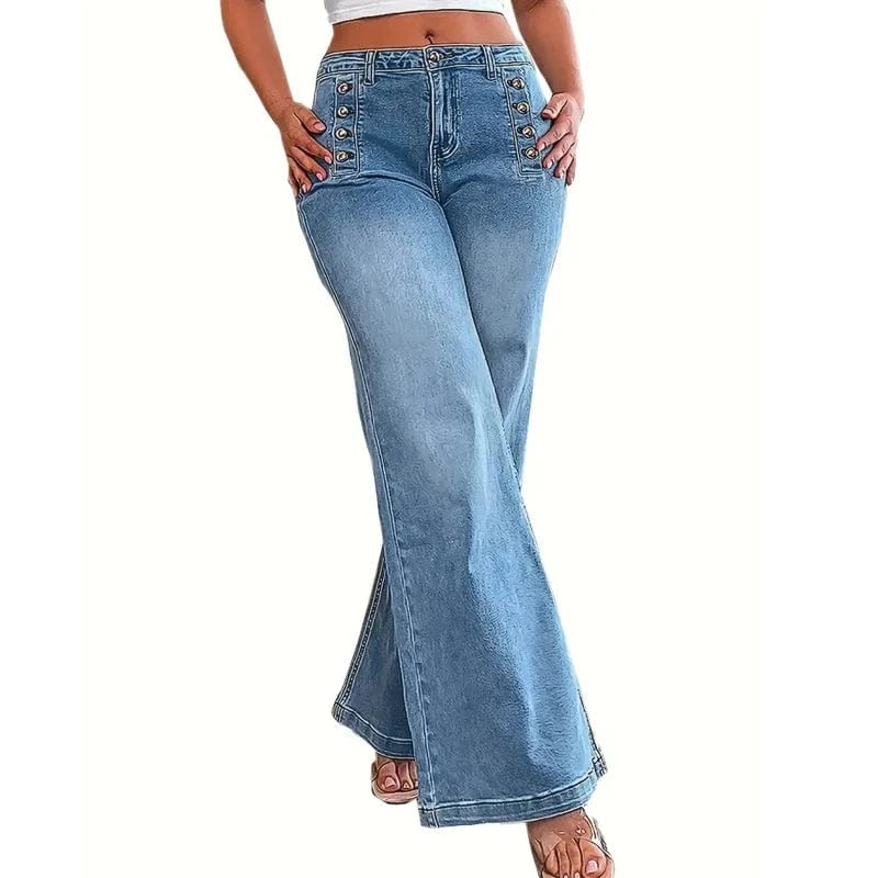 Ljusblå högmidjade vida jeans med dekorativa knappar