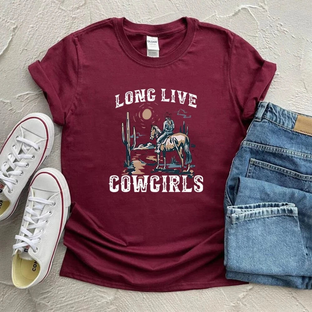 "Long Live Cowgirls" T-shirt Vinröd / S