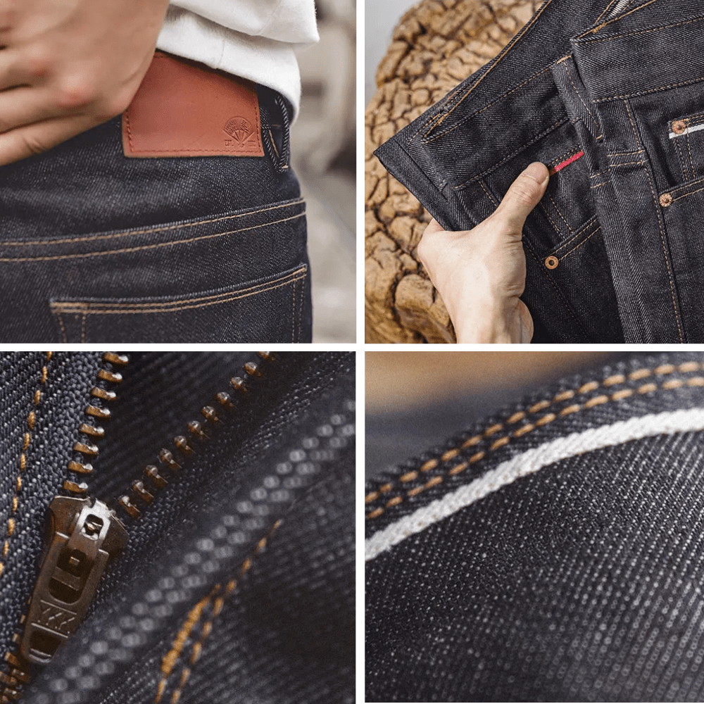 Mörkblå tapered selvedge jeans i raw denim