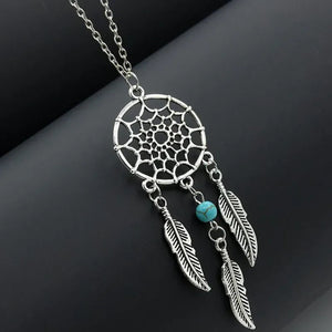 New Dream Catcher Pendant Necklace Feather Blue Beads Women Chain Necklaces Bijoux Collares Fashion Jewelry Wholesale Party Gift