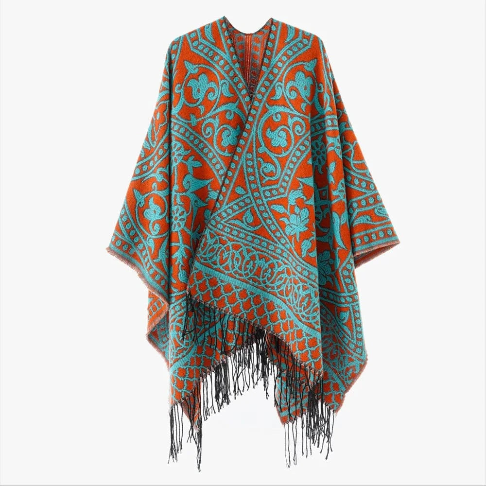Öppen poncho med blommigt jacquardmönster