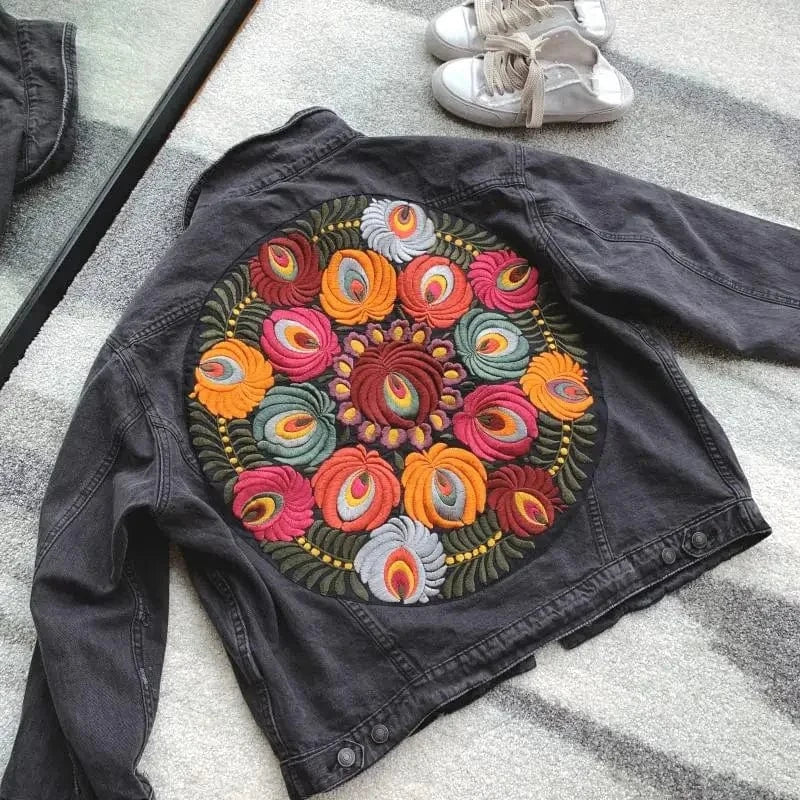 Oversize jeansjacka dam med blombroderi