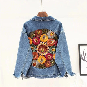 Oversize jeansjacka dam med blombroderi Blå / S