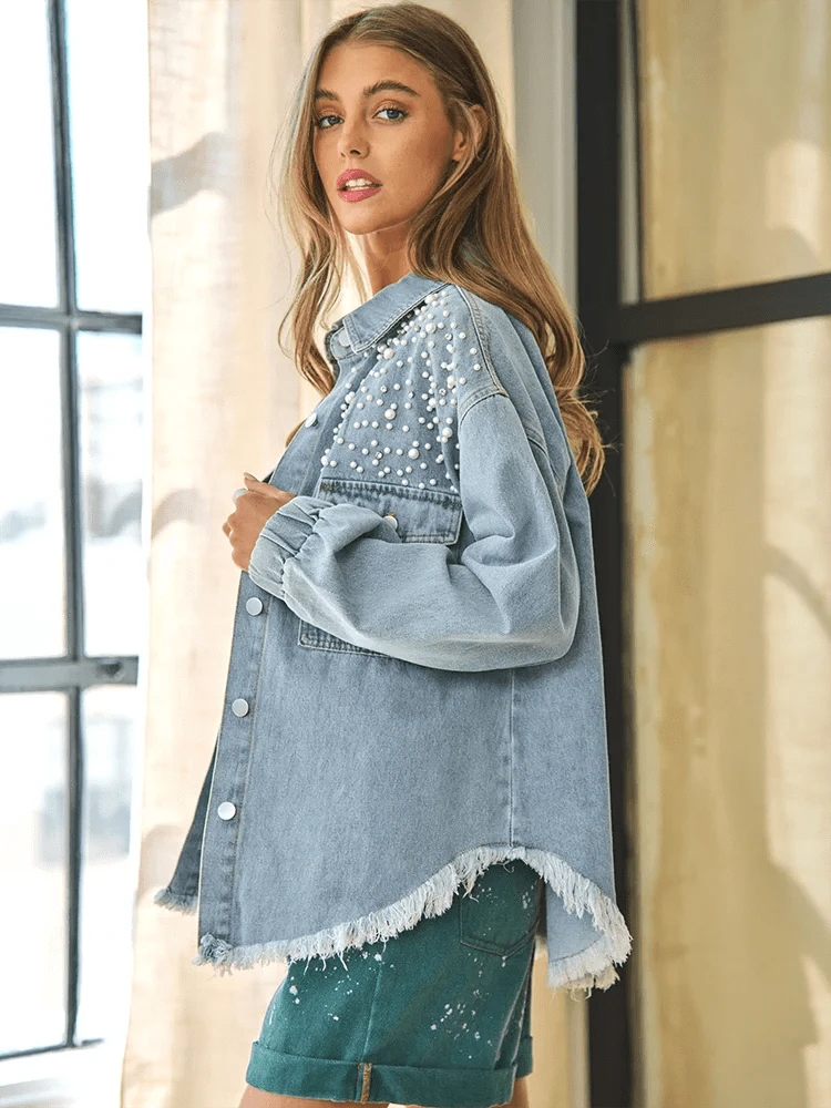 Oversize jeansjacka dam med fransar och pärlor