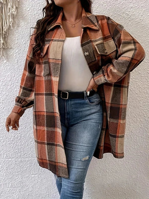 Plus size rutig skjortjacka dam Brun-orange / 1XL