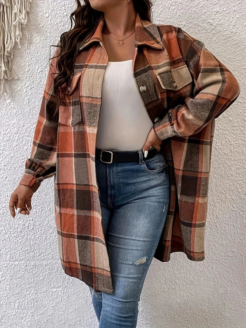Plus size rutig skjortjacka dam Brun-orange / 1XL