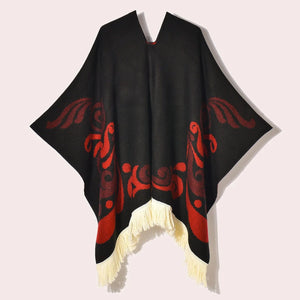 Poncho med fransar Röd svart / One Size