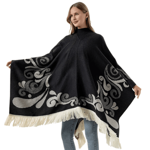 Poncho med fransar Svart vit / One Size