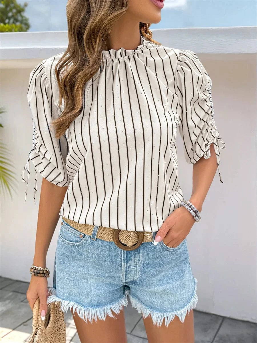 Randig blus med volang Beige / S