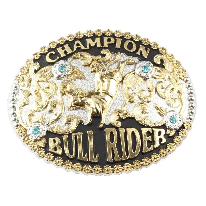 Rodeo Champion Bältesspänne "Bull Rider" med Turkos Strass Guld och silver