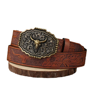 Rustikt cowboybälte i präglat läder med Tjurhuvud-Spänne Brun / 105cm