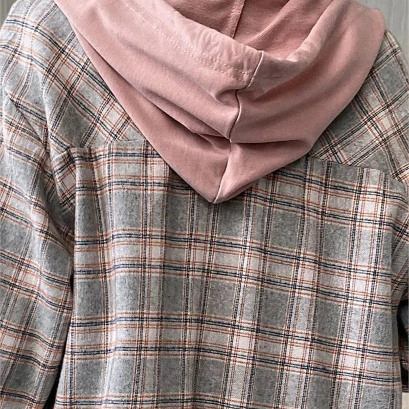 Rutig hoodie-skjorta dam