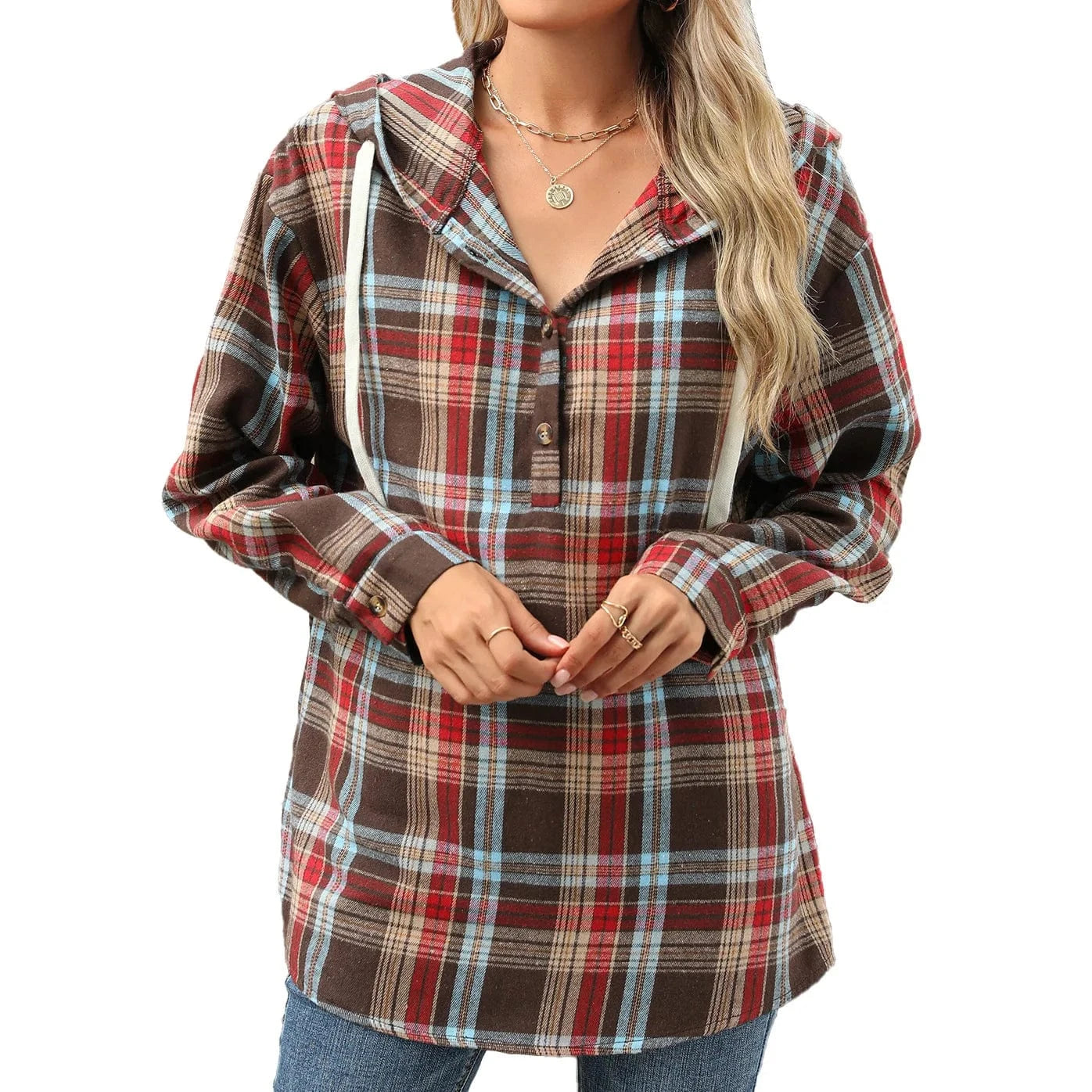 Rutig hoodie-skjorta dam Brun / S