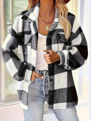Rutig skjortjacka i teddy-fleece Svart / S