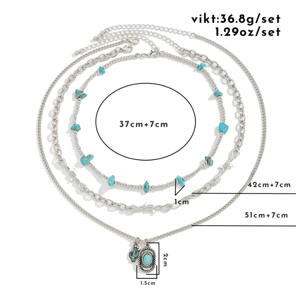 Set med tre silverfärgade westernhalsband med turkos Silver