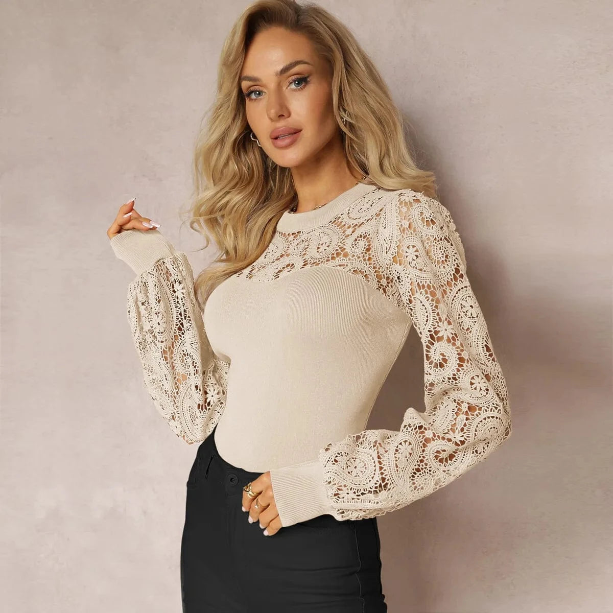 Spetsblus med långa puffärmar Beige / XL