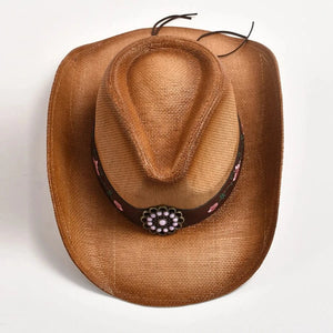 Strå Cowboyhatt med Broderad Läderrem
